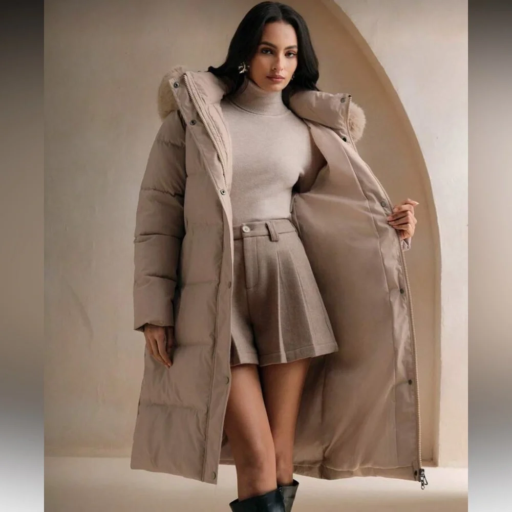 Faux fur lined hooded quilted puffer jacket long full length coat belted black - Picture 11 of 13